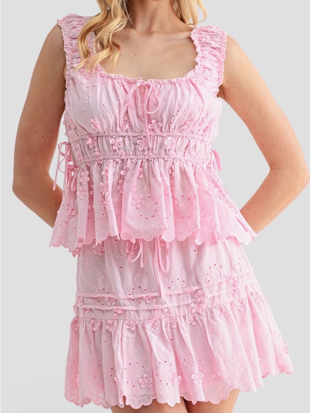 All in Favor Pink Cotton Eyelet Floral Babydoll Top